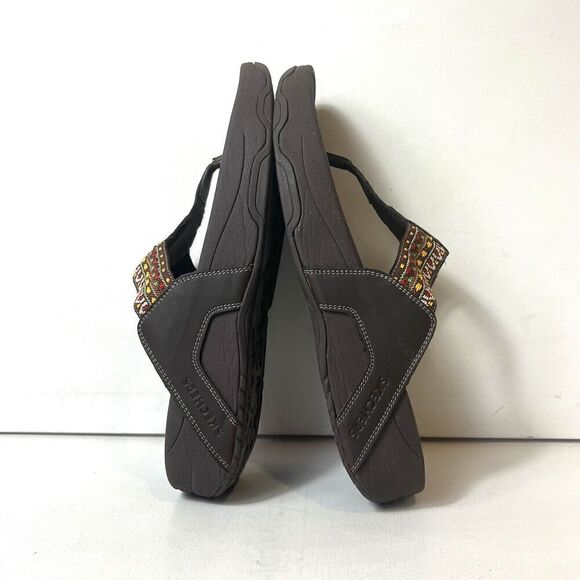 Skechers Tone-ups Wedge Flip Flop Womens 11 Brown Multicolor Woven Thong Sandals - Picture 5 of 11